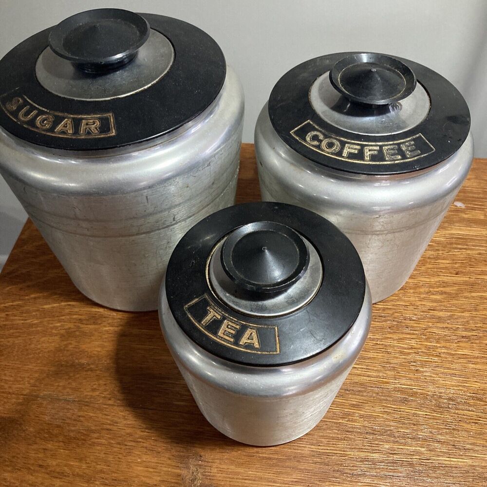 KROMEX VINTAGE CANISTER SET ALUMINUM 1950s RETRO sugar coffee tea